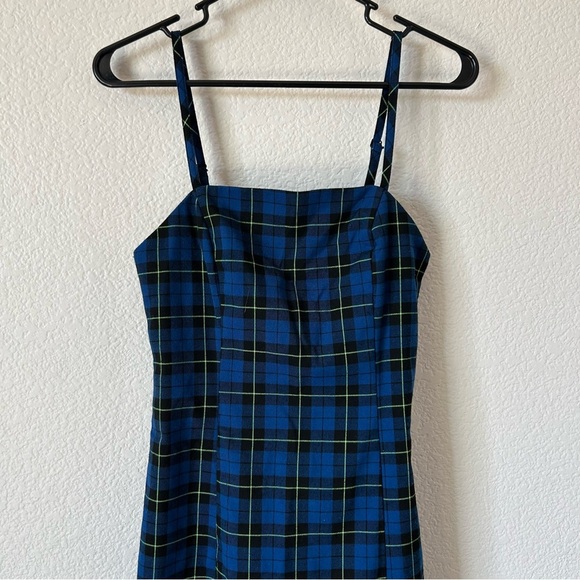 Empyre 90s Blue, Black Plaid Mini Punk Rock Spaghetti Strap, Zipper Back Dress - Picture 1 of 6